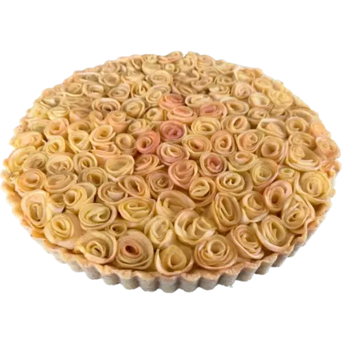 Apfelrosen-Tarte mit dicht gesetzten Apfelrosen aus feinen Apfelscheiben in einer runden Tarteform.