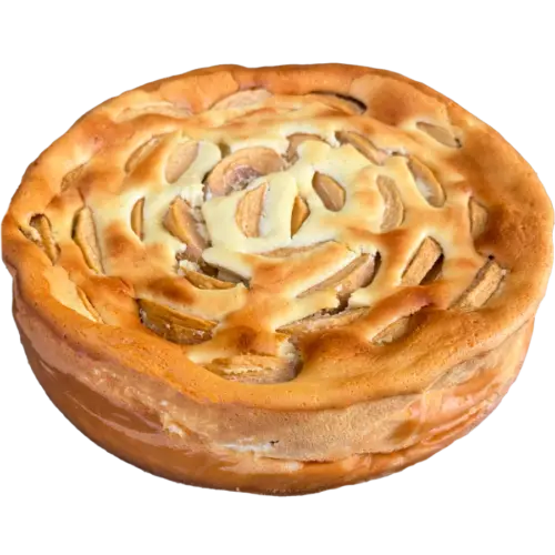 Goldbraun gebackener Apfel-Käsekuchen mit sichtbaren Apfelspalten