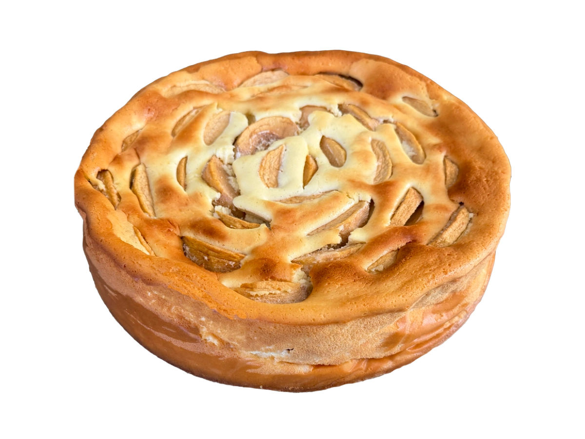 Golden-brown German Apple Cheesecake with visible apple wedges